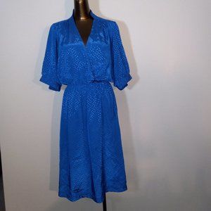 silky blue, v-neck mandarin collar, wrap dress, vintage late 1970s-early1980s